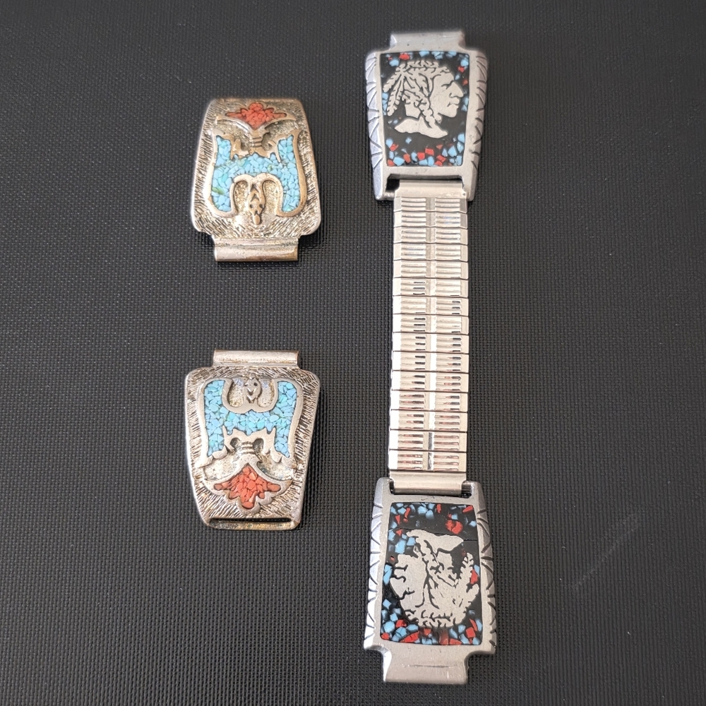 VTG Turquoise Coral Native Indian Chief Watch Tips Signed RAM77 Thunderbird